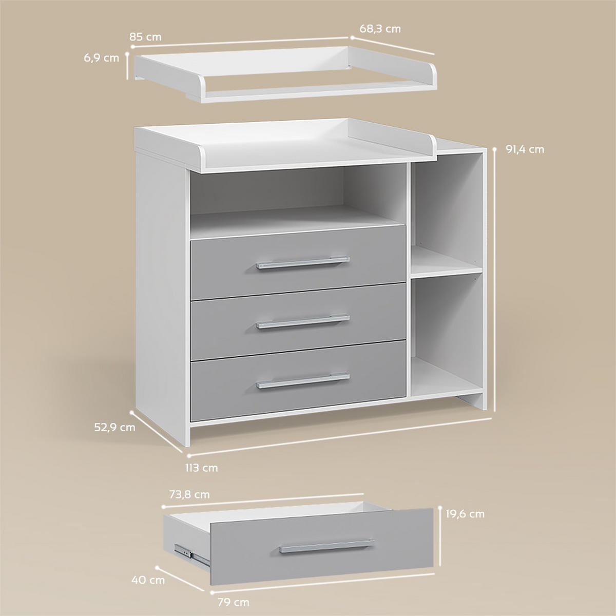WICKELKOMMODE Torino Weiß/Grau mit Schubladen - Weiß/Grau, Holzwerkstoff (113/100/53cm) - Livinity®