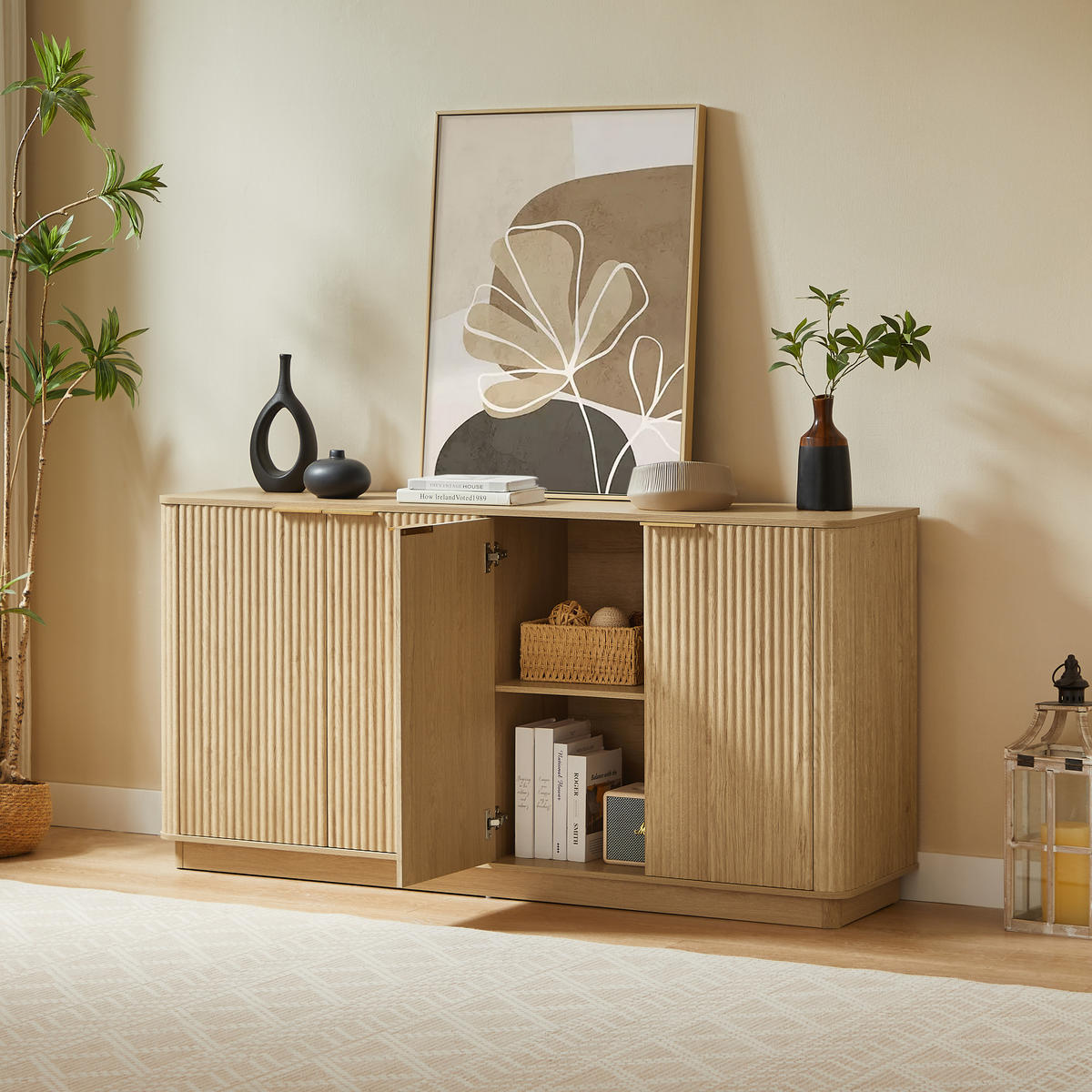 SIDEBOARD aus MDF 160x40x80 cm Eiche mit 4 Türen, Stauraum und Wellenfront - Eichefarben, Holzwerkstoff (160/80/40cm) - Modfu