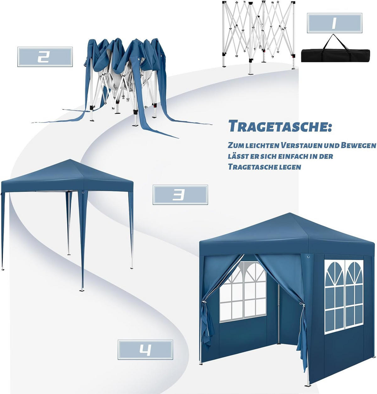 PAVILLON 2x2m mit 4 Seitenwänden UPF 50+ UV Schutz Blau - Blau, Kunststoff/Metall (200/240/200cm) - Woltu