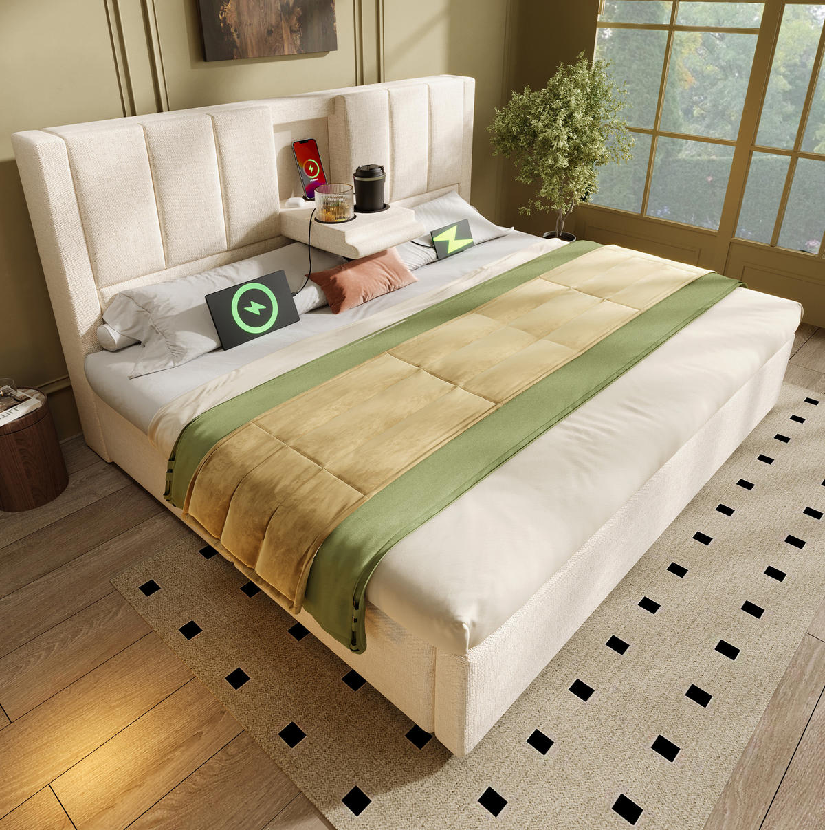POLSTERBETT mit Stauraum und Ladestation 160x200 cm Leinen Beige - Beige, Metall (160/200cm) - Meubliv