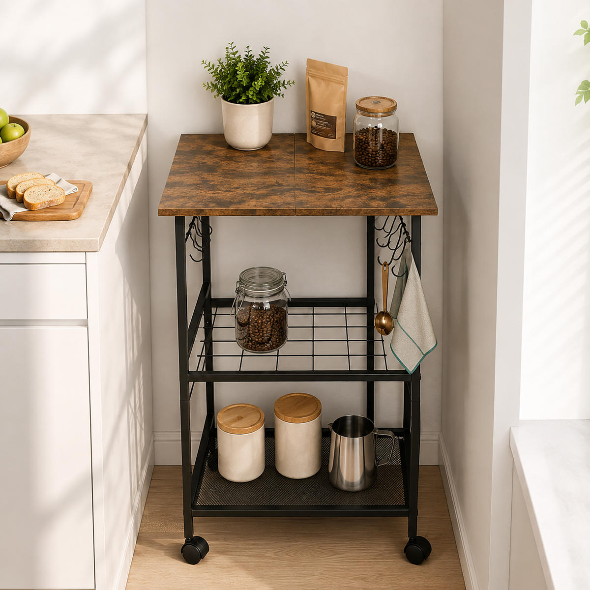 CĂRUCIOR de bucătărie negru maro vintage 3-niveluri metal MDF - negru, compozit lemnos/metal (52/88/39cm) - Relaxdays