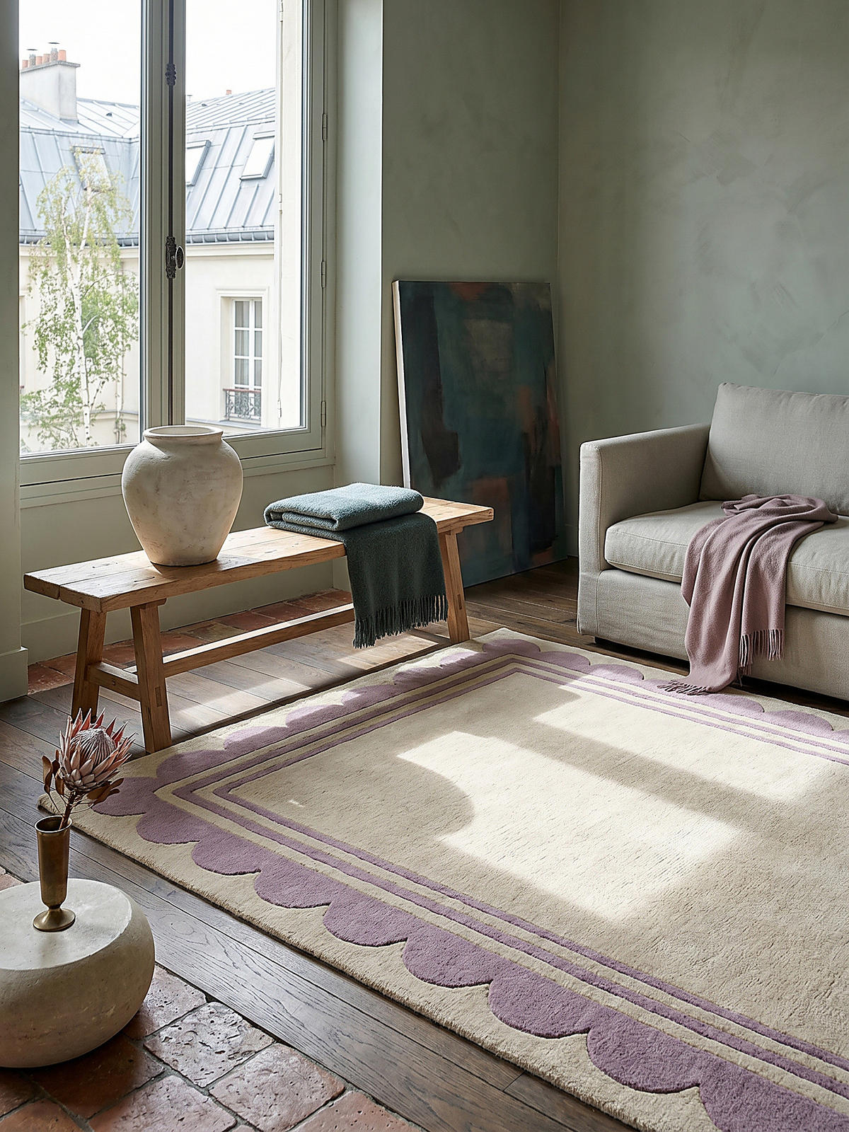 WOLLTEPPICH Grafisches Muster, Rahmen, Wohnzimmer schmutzabweisend Lila-Beige Rechteckig 160x230 - Lila, Textil (230/160cm) - KADIMA DESIGN