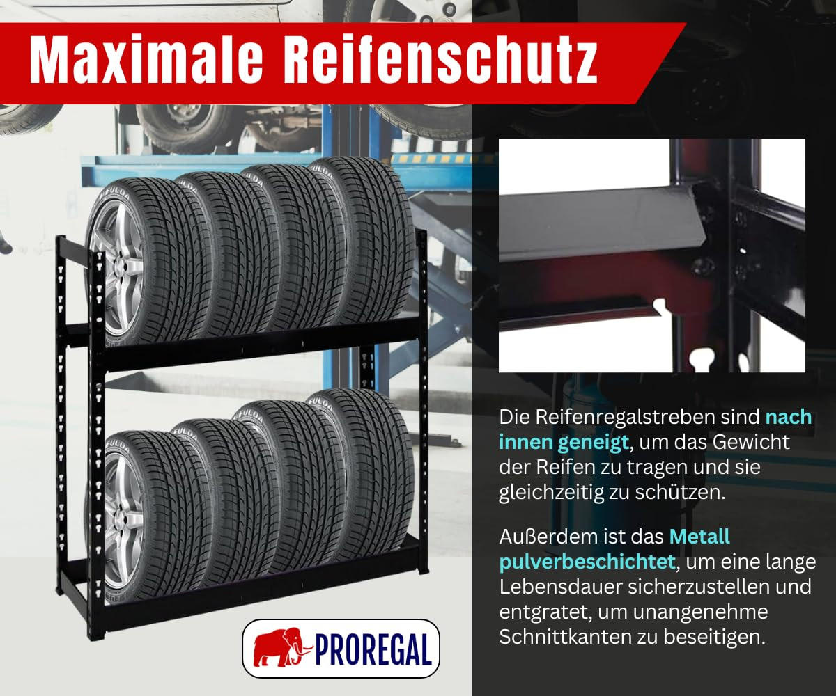 REIFENREGAL Tiger 100x110x35 cm 150 kg Fachlast bis zu 8 Reifen auf 2 Ebenen Schwarz - Schwarz, Metall (110/100/35cm) - PROREGAL