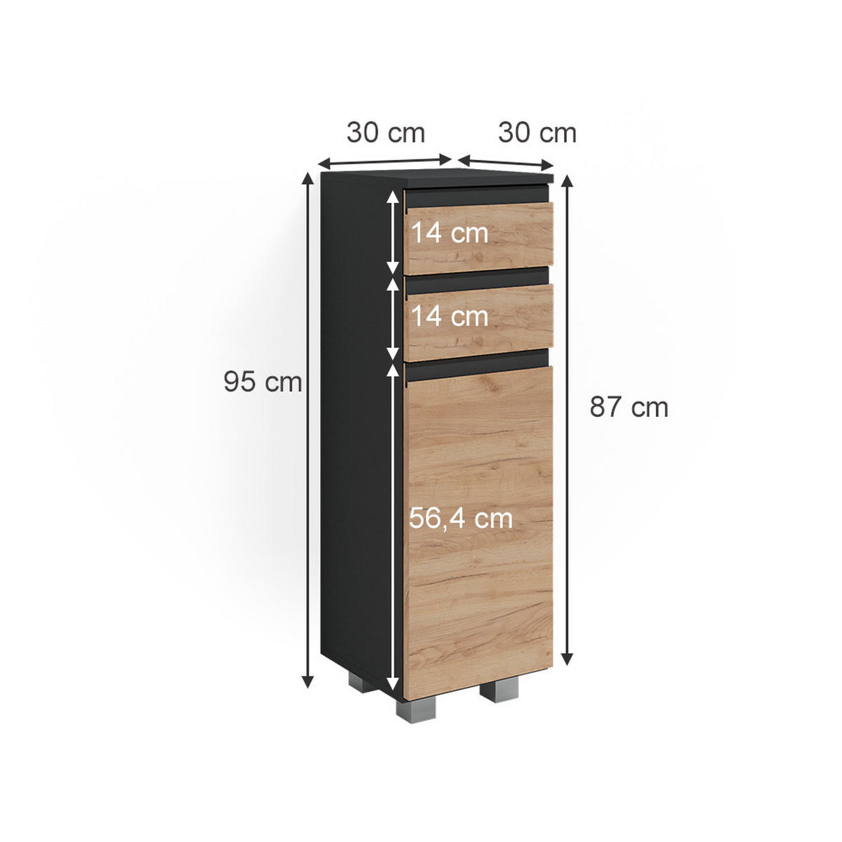 MIDISCHRANK J-Shape Grau 30 x 95 cm - Honigeiche/Eichefarben, Holzwerkstoff (30/95/30cm) - Vicco