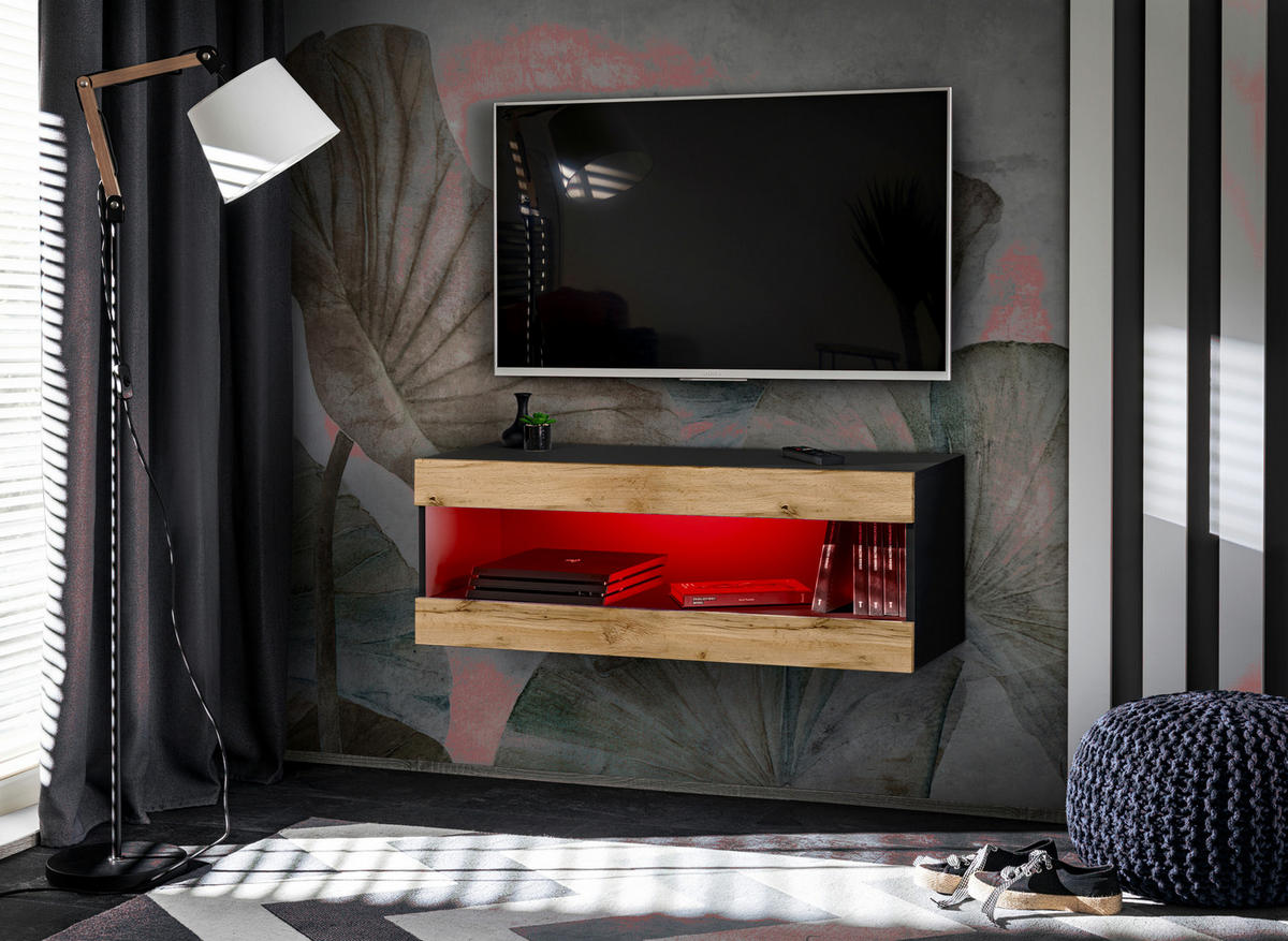 HÄNGEBOARD TV TIVOLI RTV2+RGB Offener Raum Schwarz + Wotan - Eiche Wotan/Schwarz, Glas/Holzwerkstoff (100/36/35cm) - Komodee