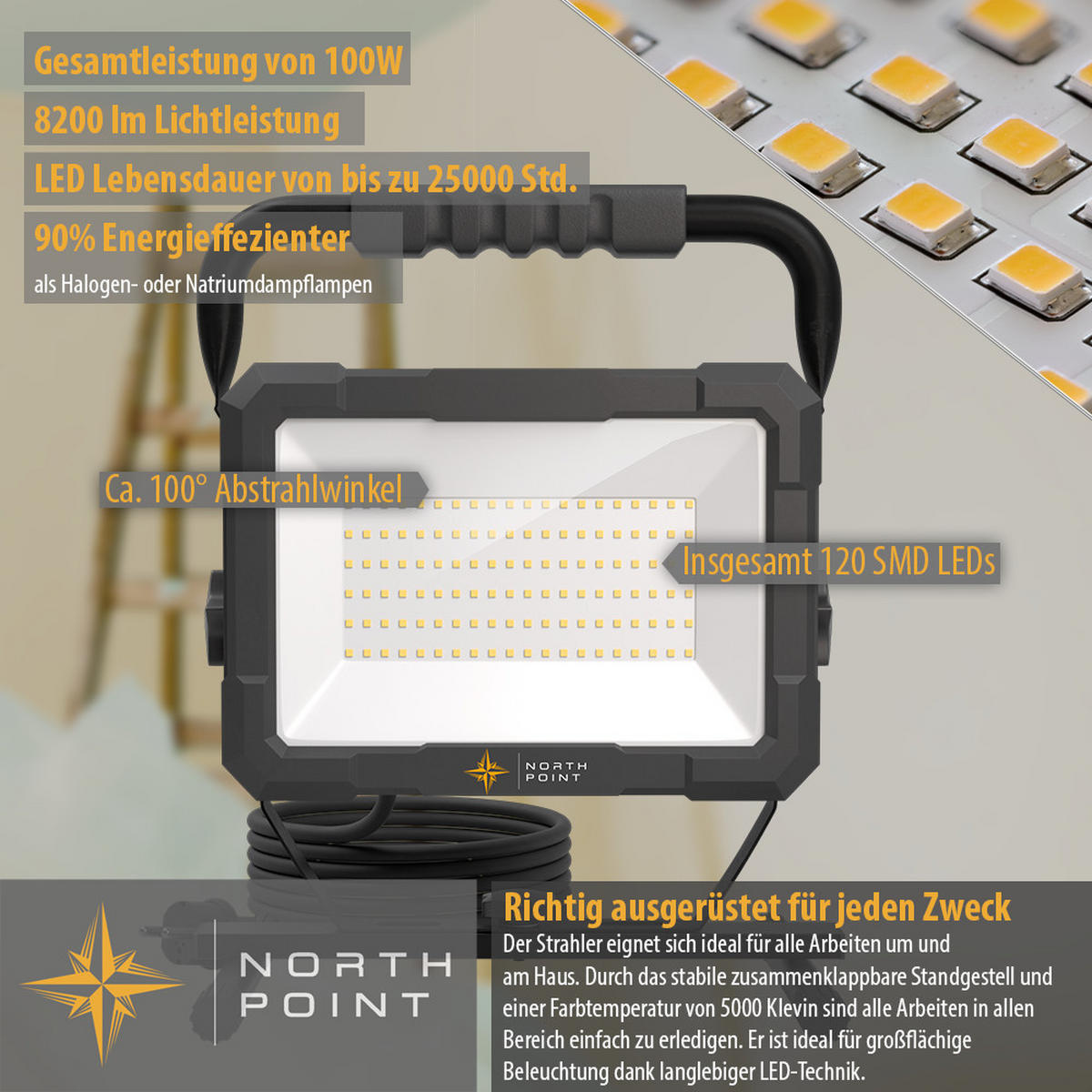 LED-BAUSTRAHLER mit Standfuß - 100W für Innen und Außen, spritzwassergeschützt, 2er-Set - Schwarz, Metall (18.3/28.7/36.8cm) - Northpoint