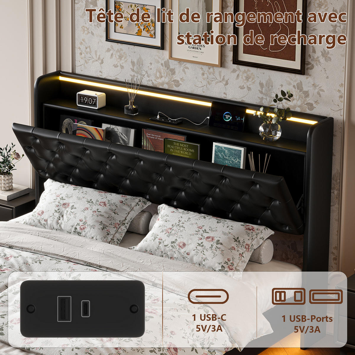 POLSTERBETT 140x200 cm LED USB Stauraum Lattenrost PU Leder schwarz - Schwarz, Holz (140/200cm) - LEBENLANG