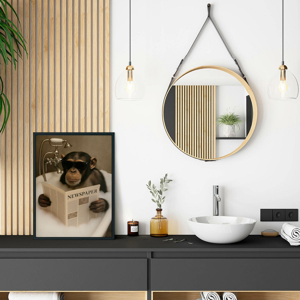 POSTER für Badezimmer WC SCHIMPANSE in Badewanne Affe mit Zeitung Abstraktion 30x40cm - Beige/Schwarz, Papier (30/40/40cm) - Muralo