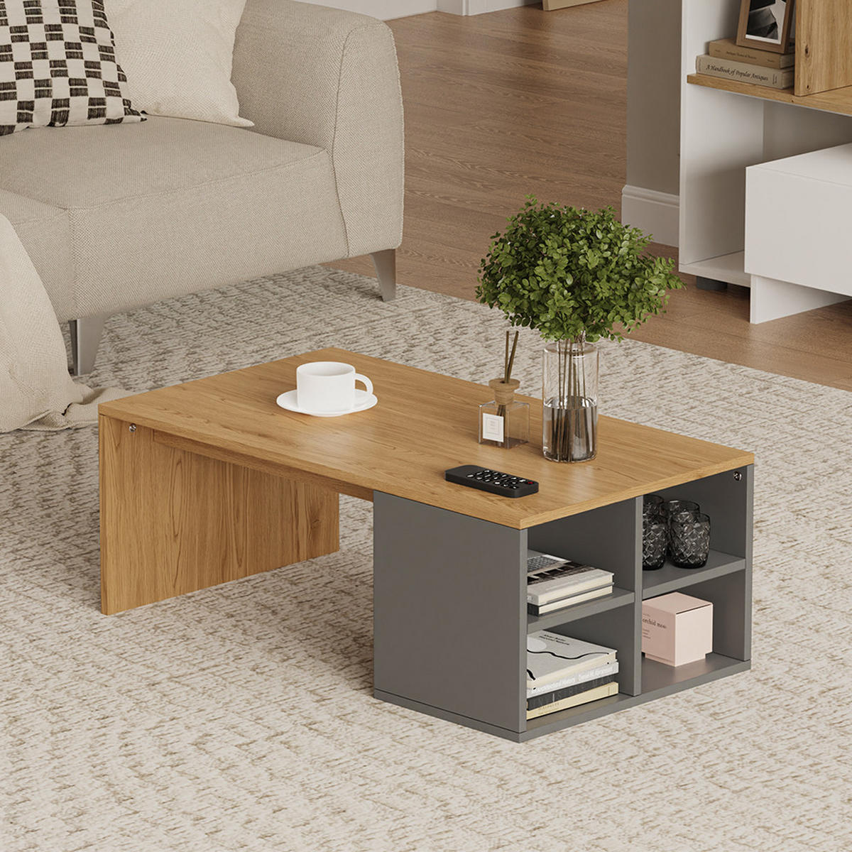 COUCHTISCH Kivo Anthrazit/Eiche 90 x 50 cm mit 4 offenen Fächern - Eichefarben/Anthrazit, Holzwerkstoff (50/90/33.6cm) - Vicco