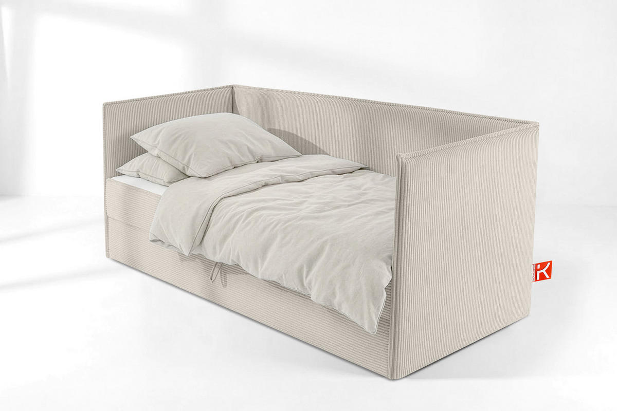 JUGENDBETT ROTI Einzelbett mit Bettkasten, 90x200cm, Bett mit Bonellmatratze, mit Rückenlehne - Creme/Schwarz, Holz/Holzwerkstoff (92/200cm) - KONSIMO®