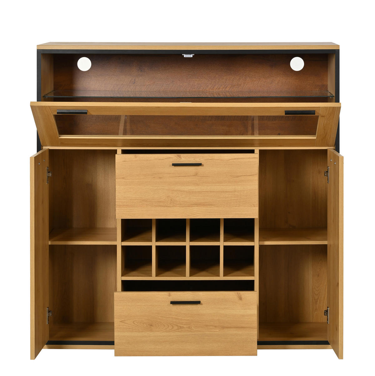 SIDEBOARD 110/38/111 cm in Natur/Schwarz mit Weinregalen und LED-Beleuchtung - Naturfarben, Holzwerkstoff (110/111/38cm) - Flora Grace