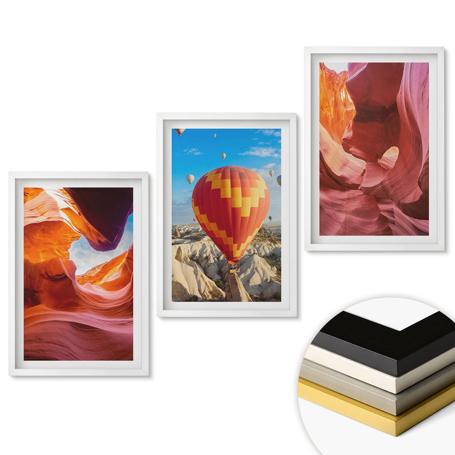 WANDBILDER 3er-Set - 40x60 cm Weißer Rahmen - Wüstenschluchten aus der Ballonfahrt - Weiß, Kunststoff (40/60cm) - ArtPrintCave