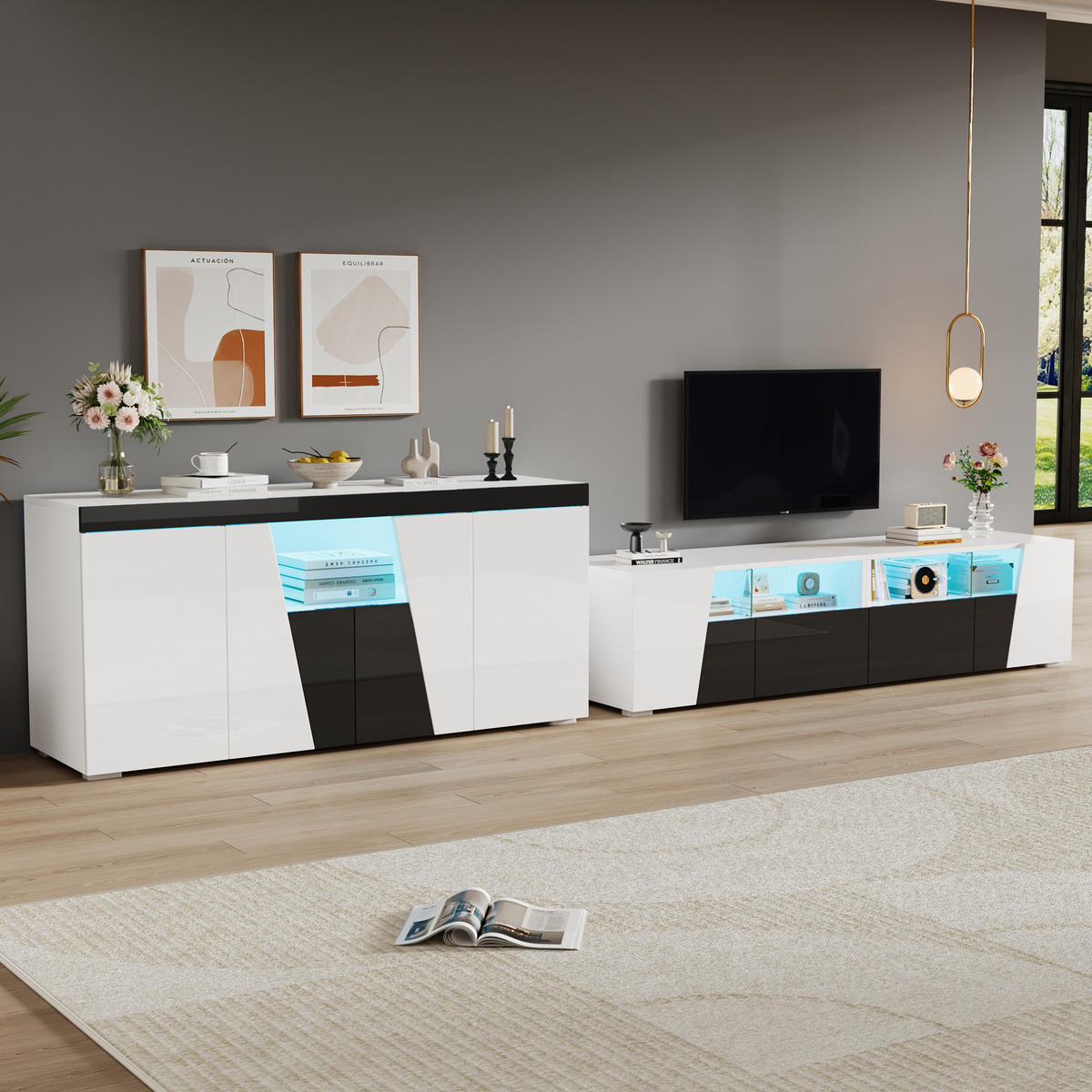 TV-SCHRANKSET 180cm Schwarz Weiß Hochglanz LED MDF - Weiß, Holzwerkstoff (180/45/38.5cm) - FLIEKS