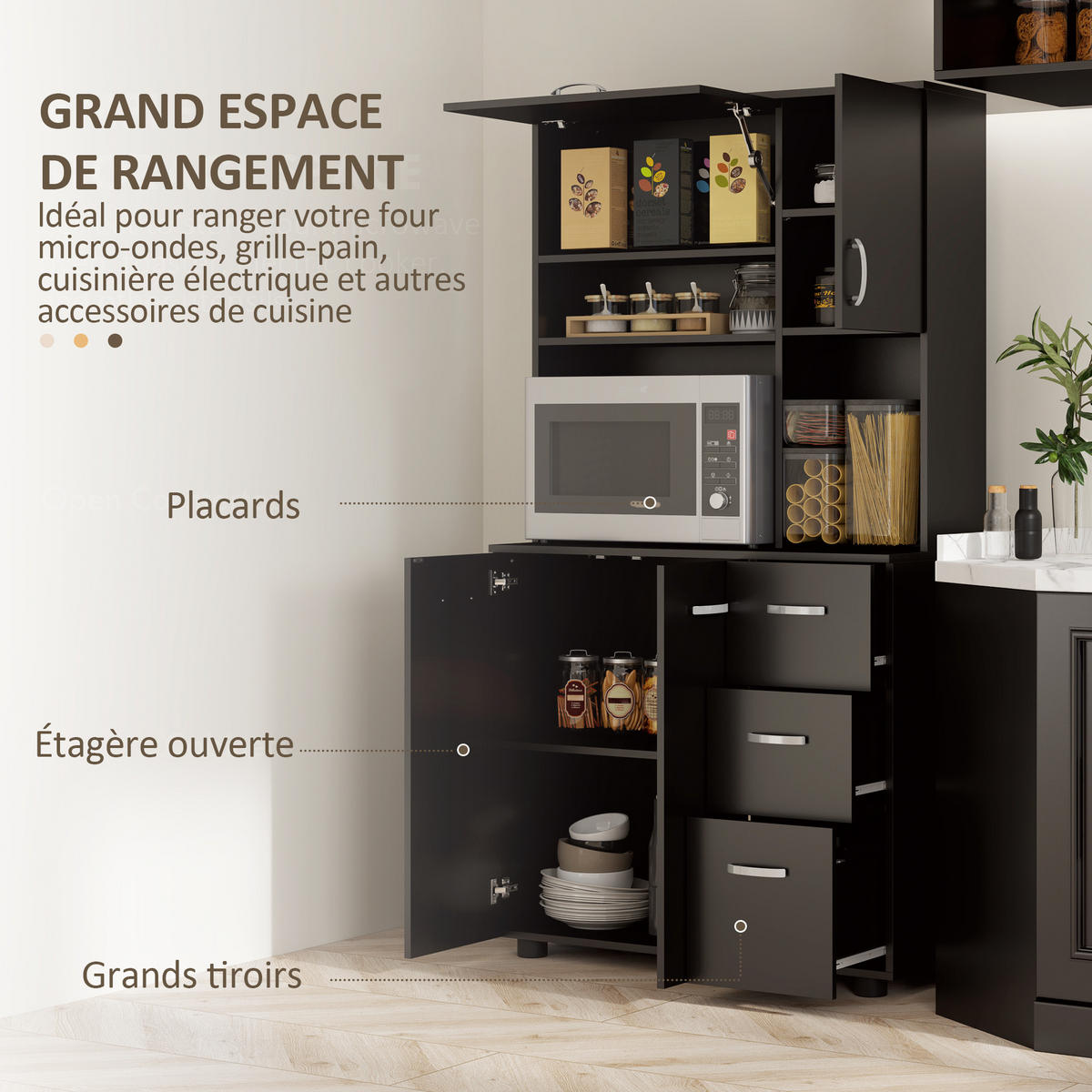 BUFFET DE-11116 4 Türen & 3 Schubladen mit Arbeitsplatte Schwarz - Schwarz, Holzwerkstoff (39.5/168/89cm) - ComfortXL