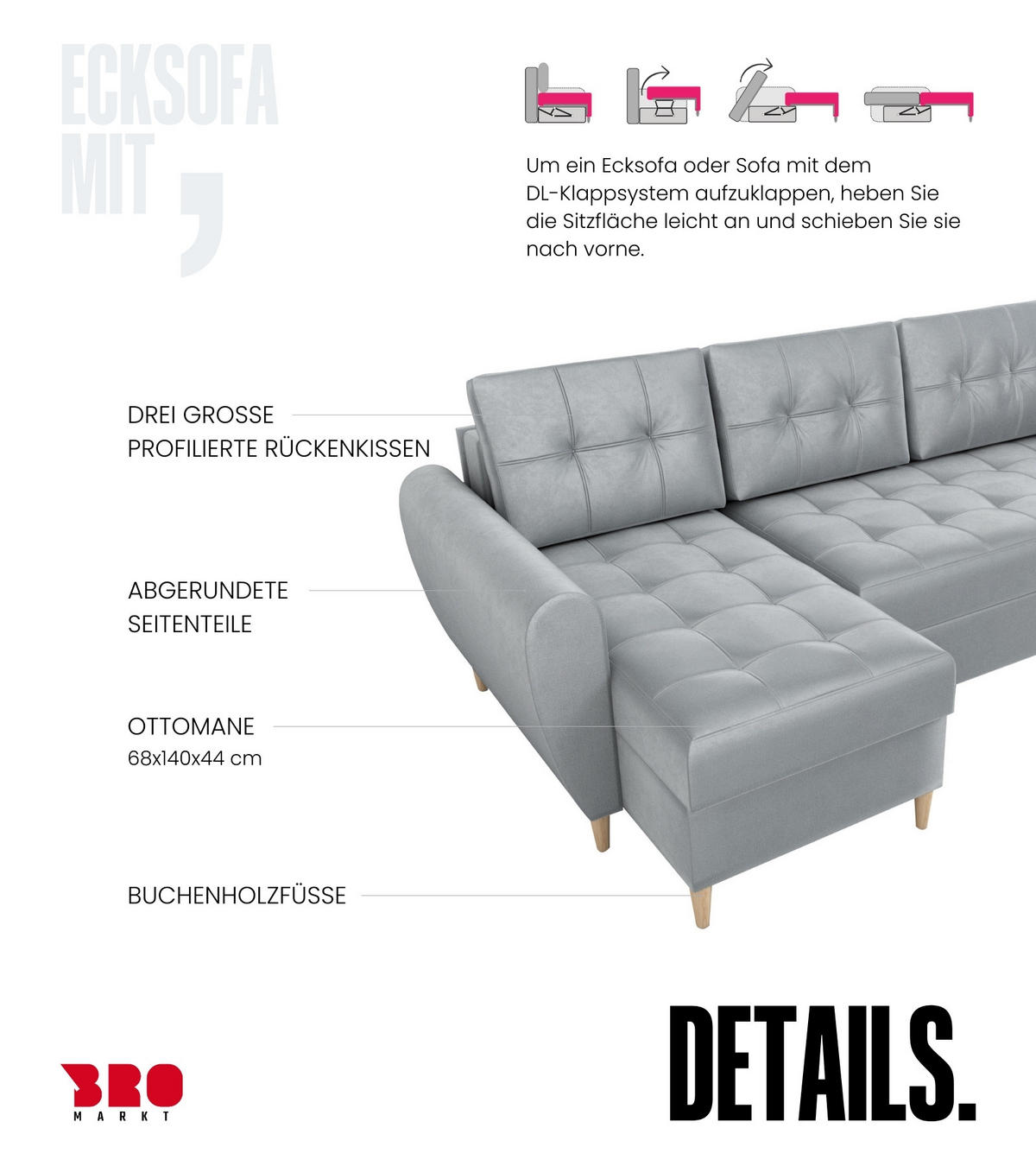 ECKSOFA Henry mit Schlaffunktion Grau Samtstoff - Grau, Textil (232/141cm) - Bromarkt