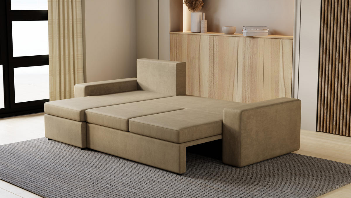 ECKSOFA Paco mit Bettkasten und Schlaffunktion, L-Form/XL-Form, Velourstoff, Universal - Cappuccino, Holzwerkstoff (246/145cm) - 4ALL HOME