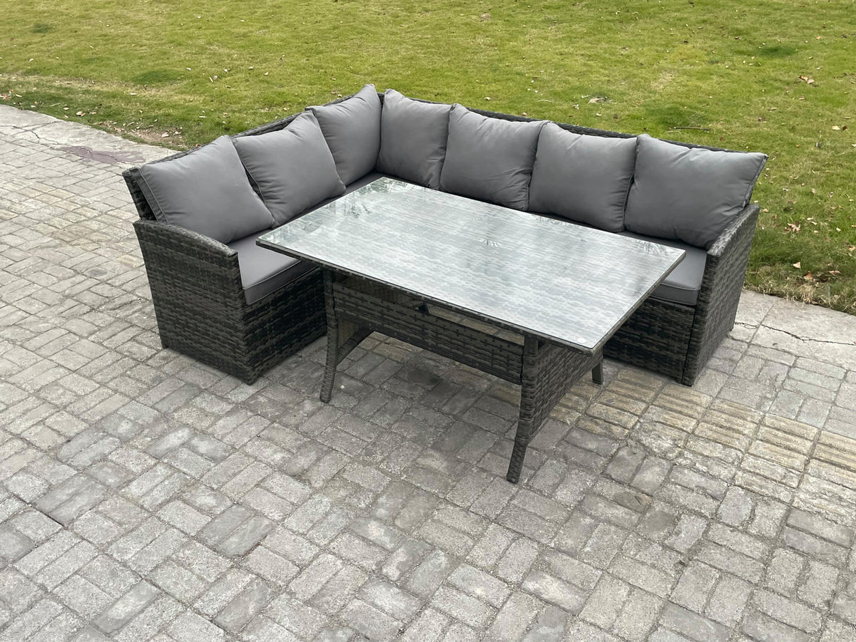 SITZGRUPPE mit Esstisch Polyrattan Dunkelgrau 6-Sitzer - Dunkelgrau/Grau, Glas/Kunststoff - Fimous