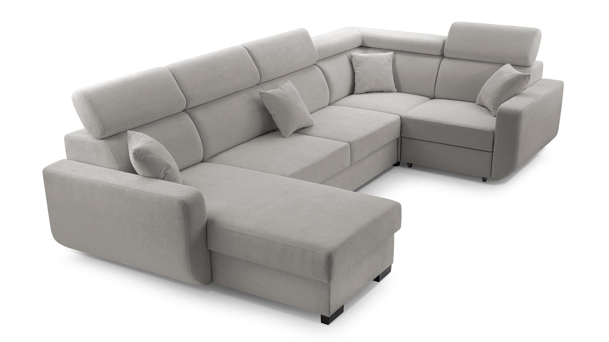 WOHNLANDSCHAFT CASTELLO Grau Plüsch-Stoff mit Schlaffunktion - Grau, Holz (337/97/184cm) - MASSENO