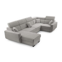 WOHNLANDSCHAFT CASTELLO Grau Plüsch-Stoff mit Schlaffunktion - Grau, Holz (337/97/184cm) - MASSENO