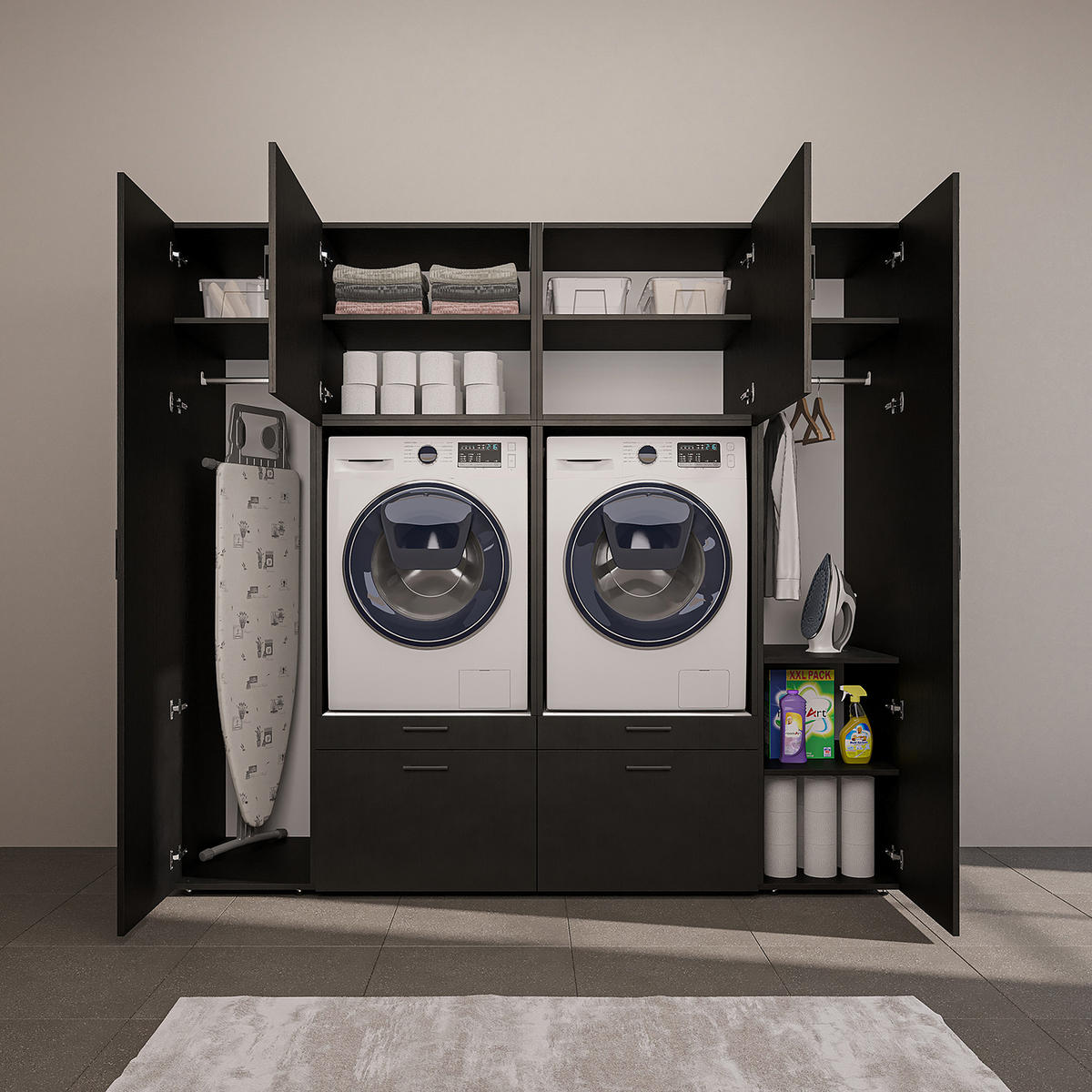WASCHMASCHINENSCHRANK Serie 2 224cm Breit, 205cm Hoch - Schwarz, Holzwerkstoff (224/205/67cm)