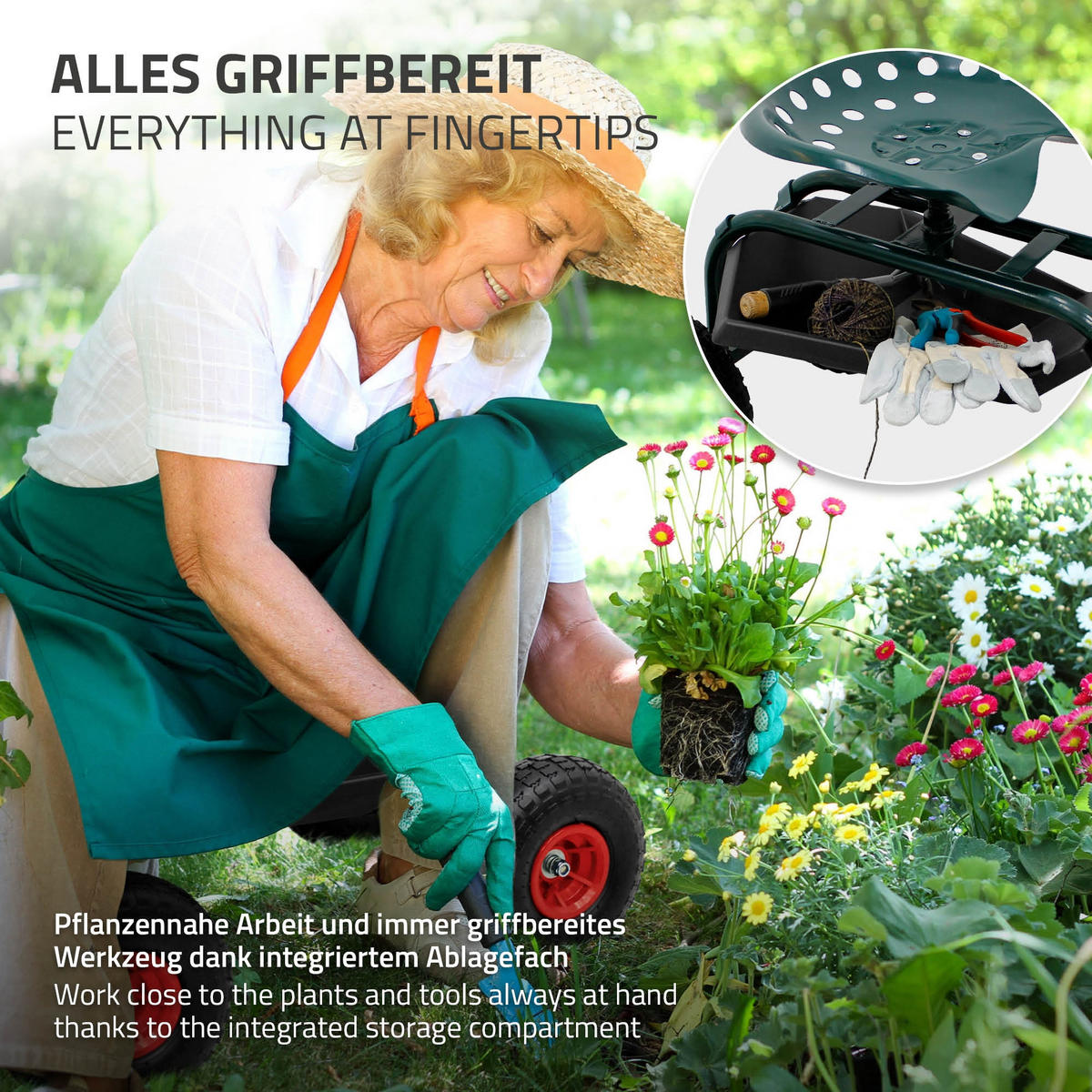 GARTENROLLSITZ Grün aus Stahl 360° drehbar/höhenverstellbar bis 150 kg - Grün, Metall (42/49/84cm) - ECD-Germany