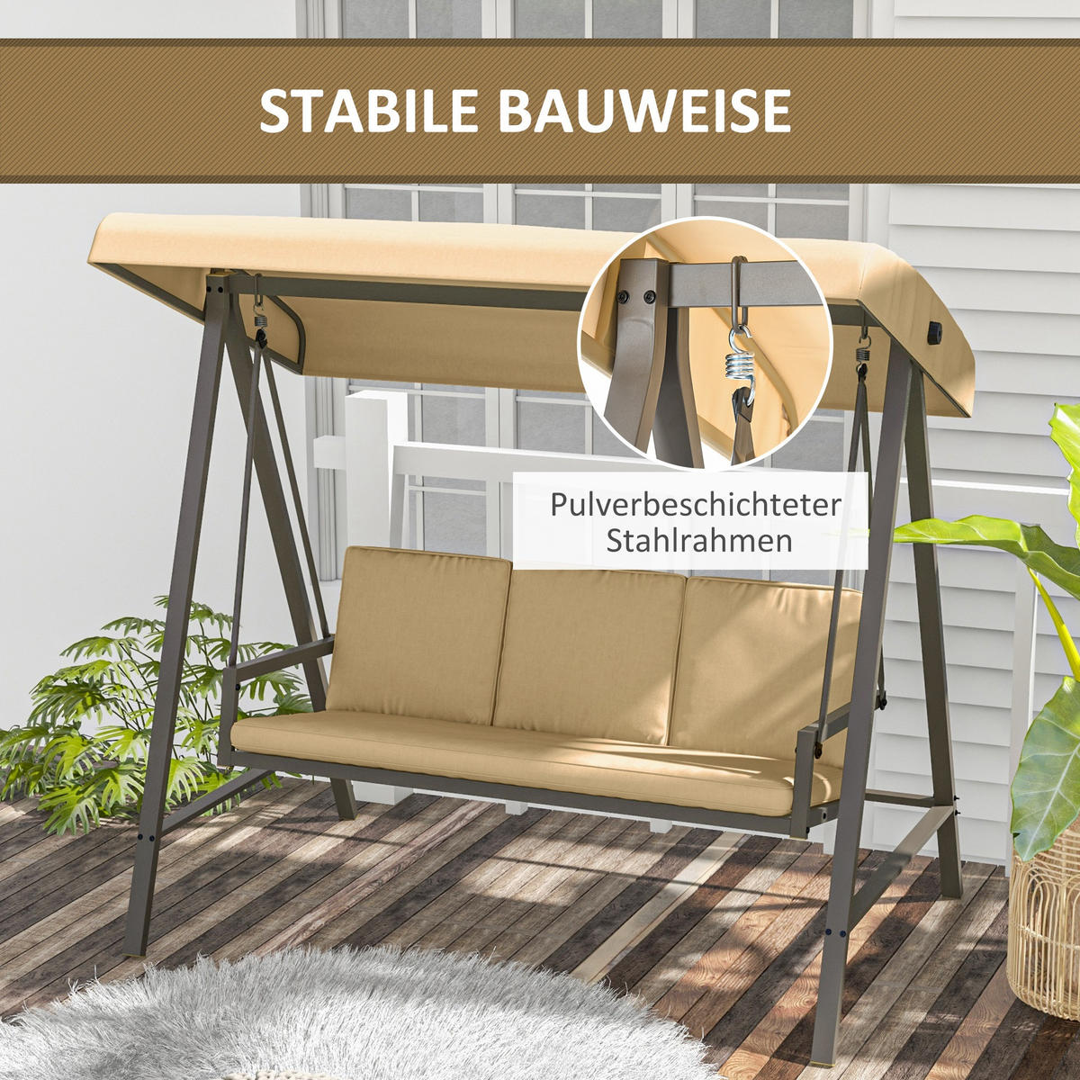HOLLYWOODSCHAUKEL, 3-Sitzer, Beige, 200 x 125 x 175 cm - Beige, Kunststoff (125/175/200cm) - Outsunny