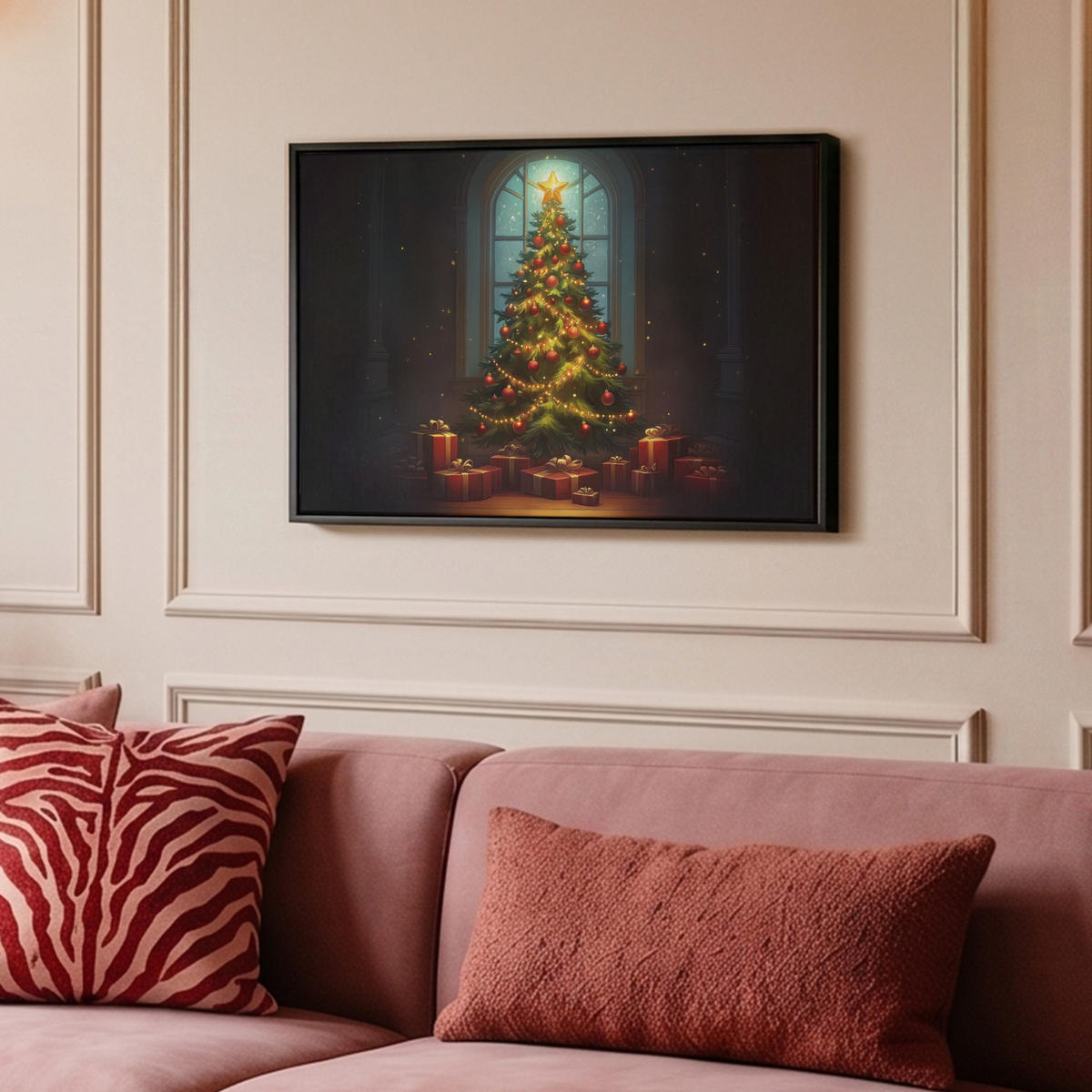 LEINWAND Bilder mit Rahmen - Weihnachtsbaum - Geschenk - Winter - 60x40 - Grün, Textil (60/40cm) - MuchoWow
