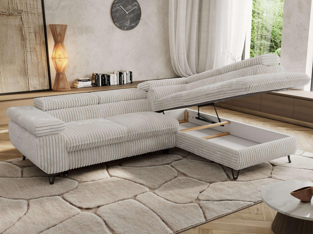 ECKSOFA PABLO L Beige Cord - Rechts Seite - Beige/Schwarz, Textil/Metall (273/208cm) - MKS