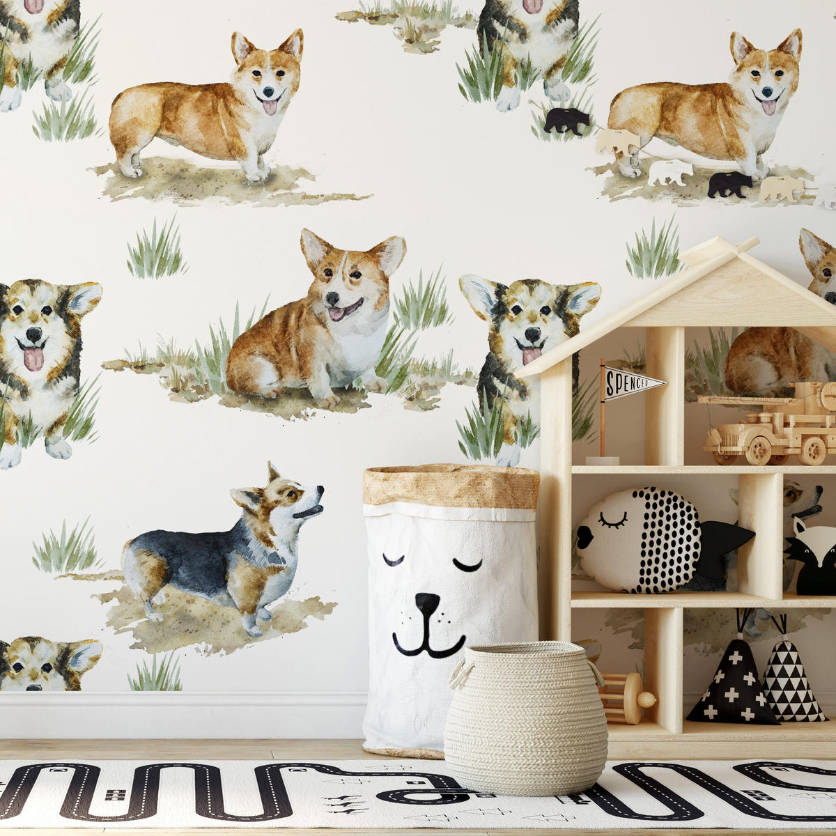 TAPETE Corgi aus echtem Papier, 200x280cm, 8 Bögen - Weiß, Papier (280/200cm) - WALLPAPERS4BEGINNERS