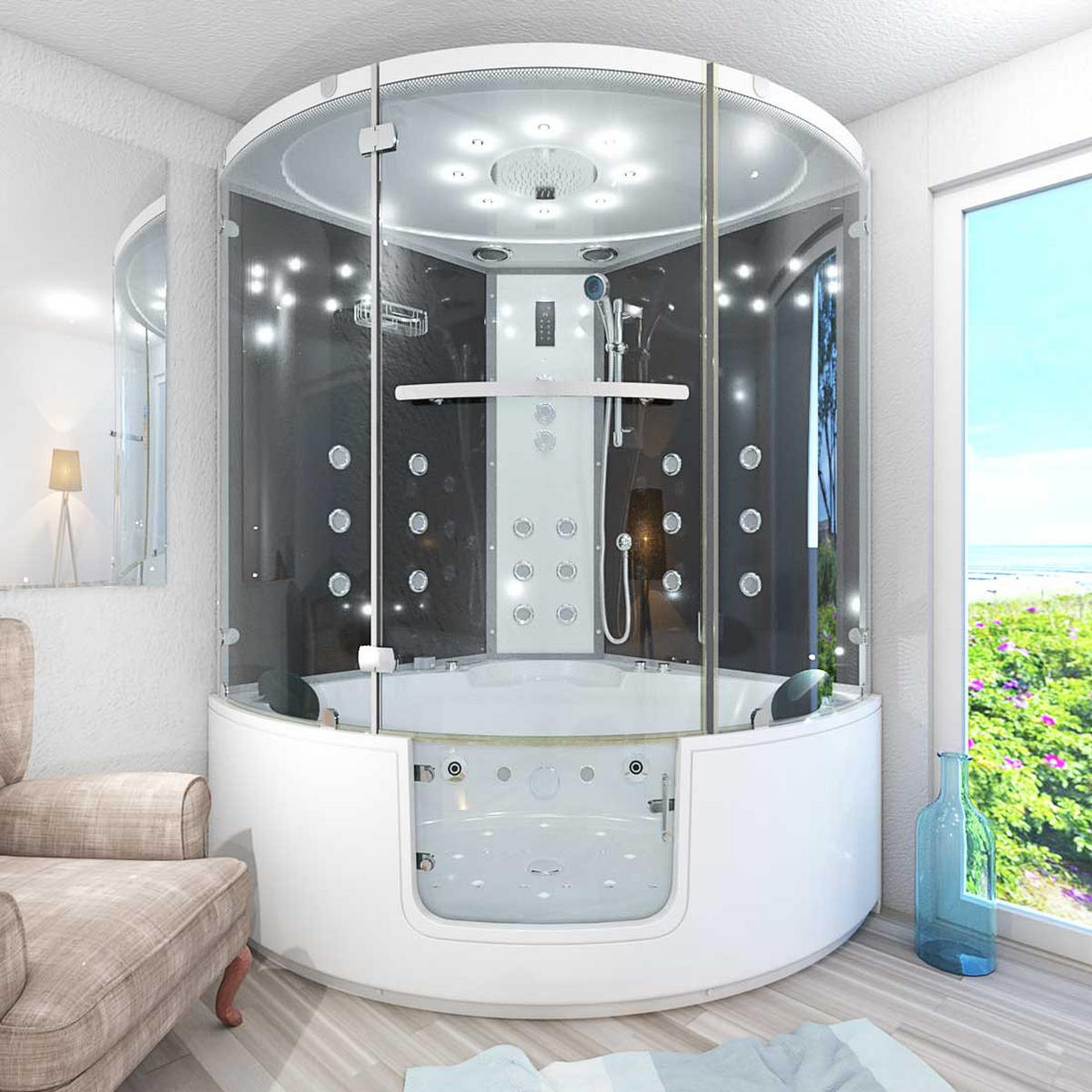 DAMPFDUSCHE Whirlpool K60-SW-TH - Schwarz, Glas/Kunststoff (140/140/210cm) - AcquaVapore by Sandra Jentho