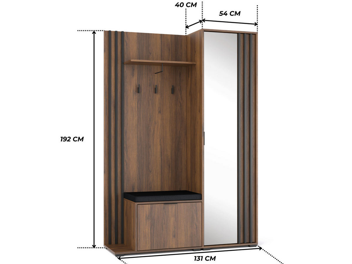 GARDEROBE STILO 131 cm (Nussbaum, Schwarze Lamellen, Spiegel, Sitzkissen, Metallgriffe) - Walnussfarben/Schwarz, Holz/Holzwerkstoff (131/192/40cm) - Ravio