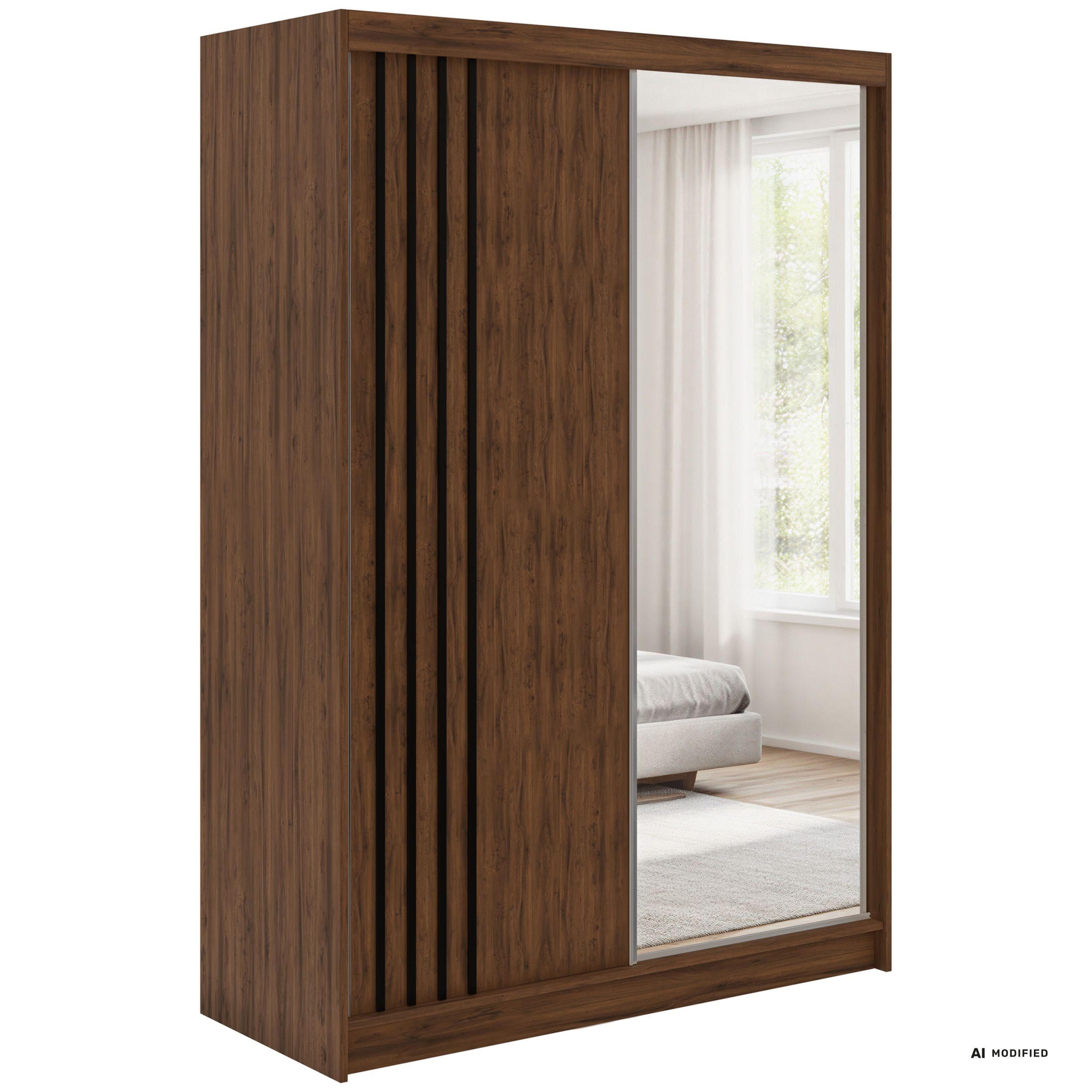 SCHWEBETÜRENSCHRANK mit Lamellen und Spiegel DIANA - 150 - Warmia Walnuss und Schwarz - Walnussfarben/Schwarz, Holzwerkstoff/Metall (150/216/61cm) - MKS