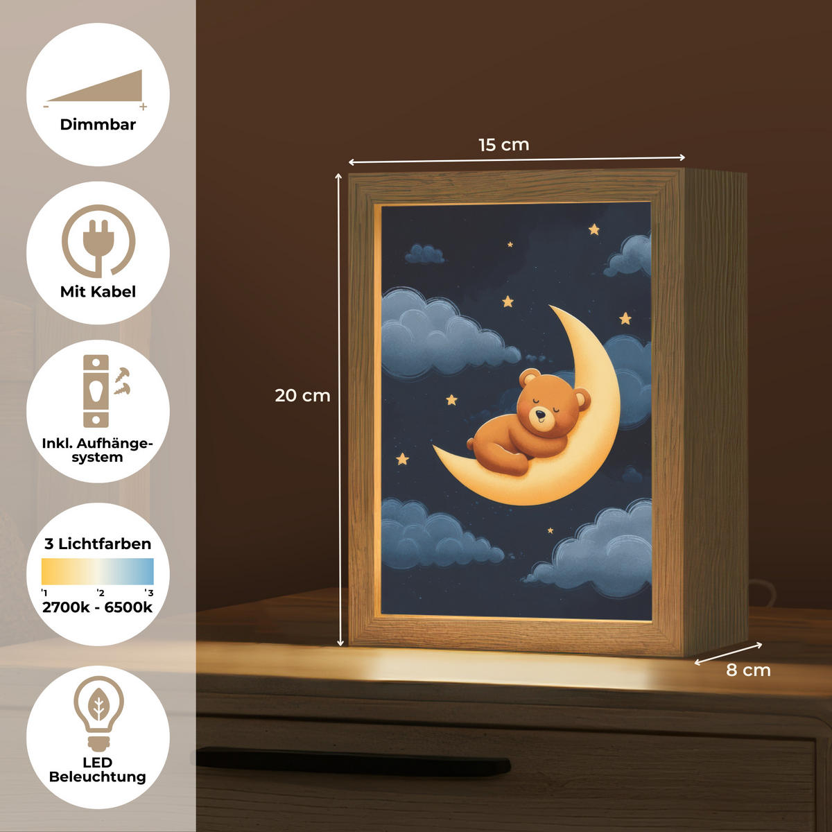 NACHTTISCHLAMPE Teddybär - Mond - Wolken - Sterne 15x20 cm - Dunkelblau, Holzwerkstoff (8/15/20cm)