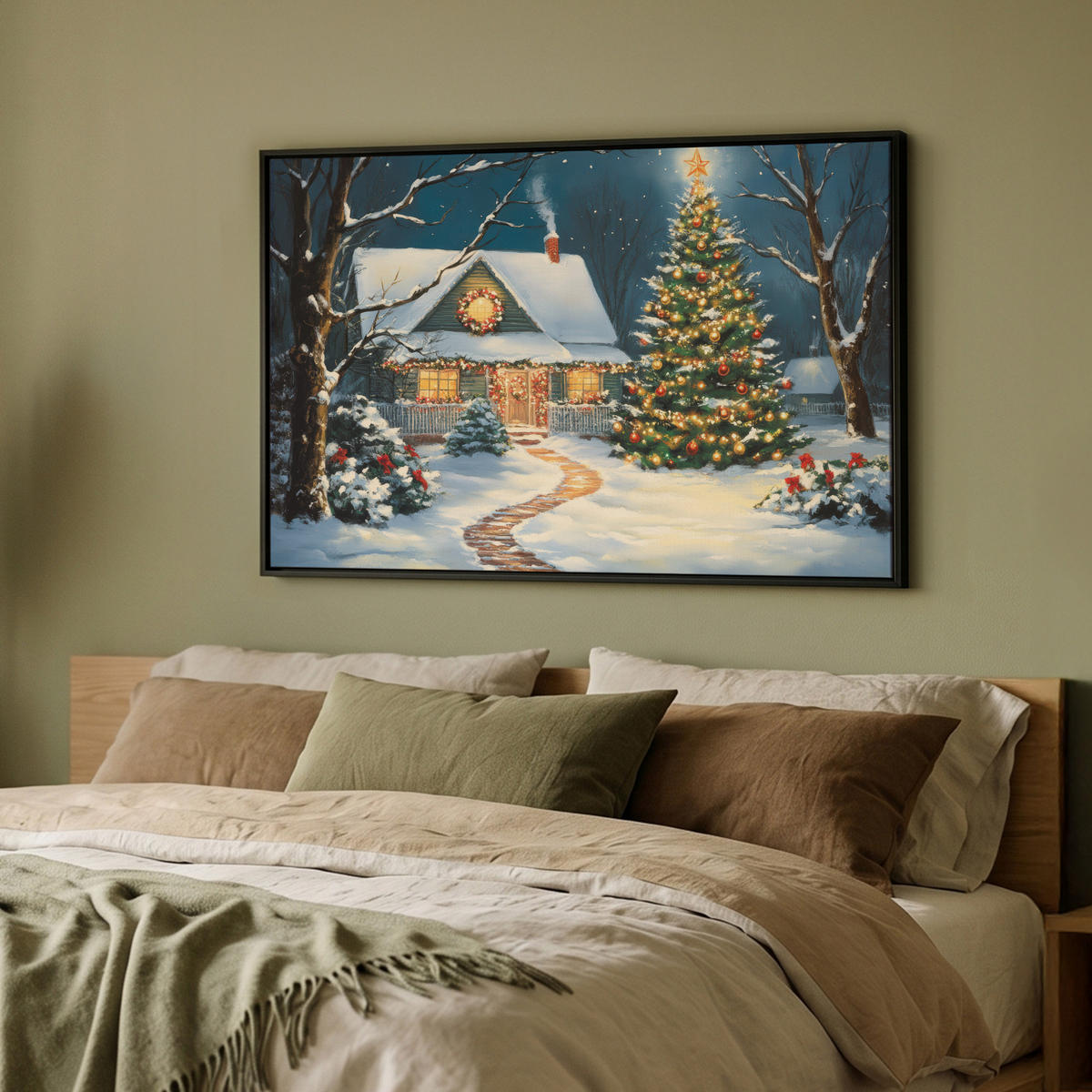 LEINWAND Bilder mit Rahmen - Weihnachten - Weihnachtsbaum - Winter - Zuhause - Schnee - 90x60 - Smaragdgrün, Textil (90/60cm) - MuchoWow