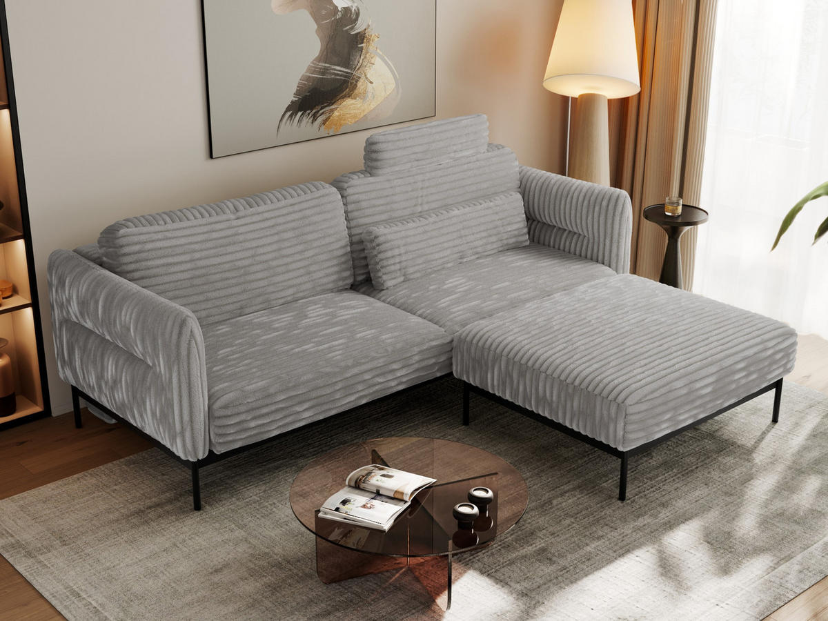 SCHLAFSOFA SALENTO Hellgrau Cord - Hellgrau/Schwarz, Textil/Metall (221/82/193cm) - MKS