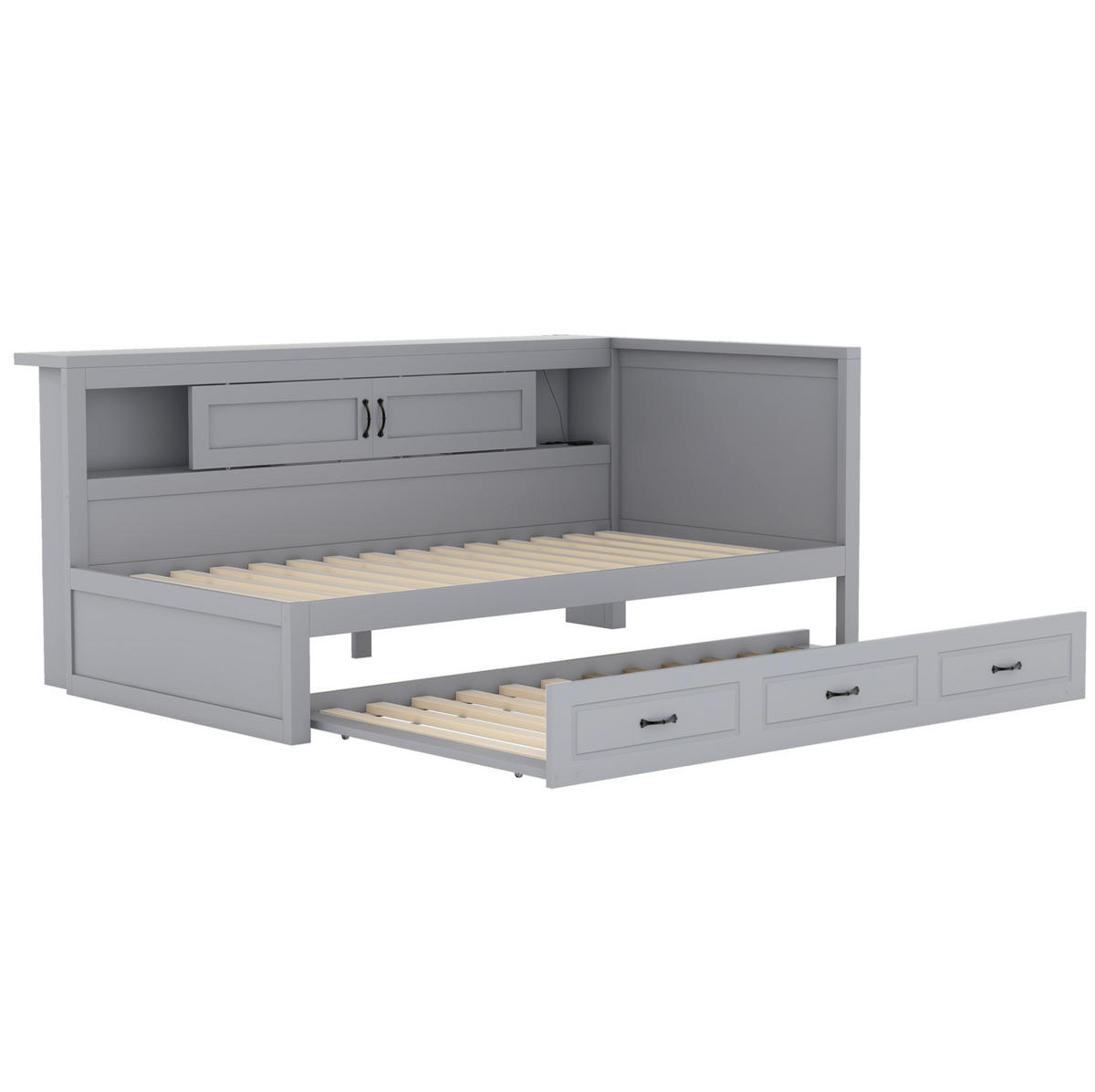 POLSTERBETT aus Spanplatte & MDF 90x200 cm in Grau mit LED, Ausziehbett & USB - Grau, Holzwerkstoff (90/200cm) - Modfu