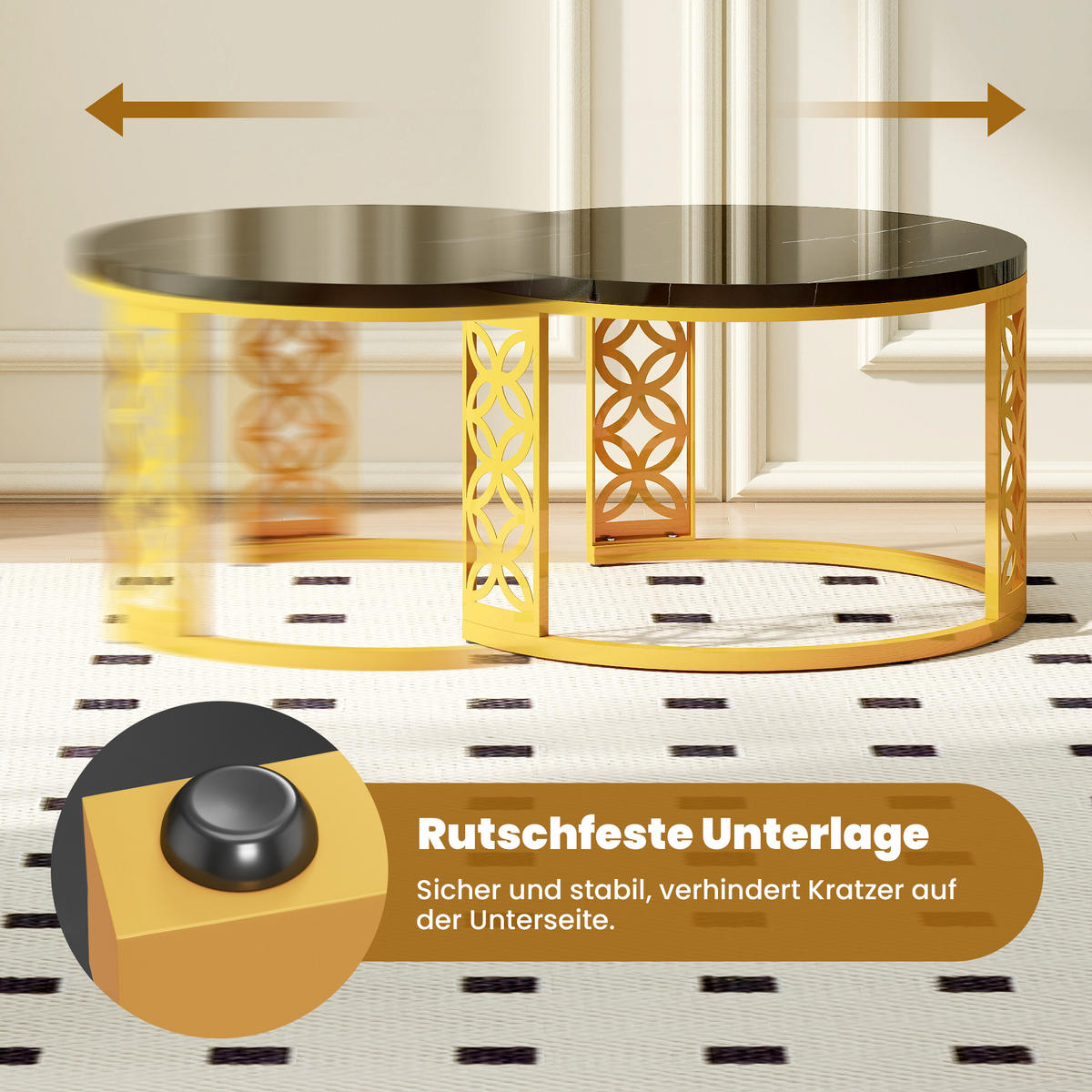 COUCHTISCH 2-teiliges Set Nesting Satztisch 70x70x45 cm + 45x45x37 cm Schwarz und Gold mit Marmor Furnier - Schwarz, Holzwerkstoff (70/70/45cm) - Modfu
