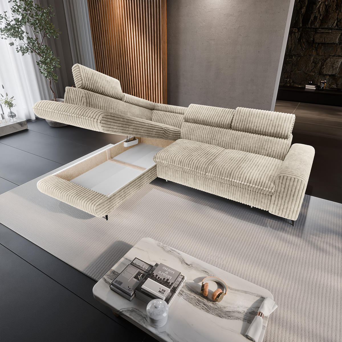 ECKSOFA VELISS Creme Kordstoff mit Schlaffunktion - Creme, Holz (255/193cm) - MASSENO