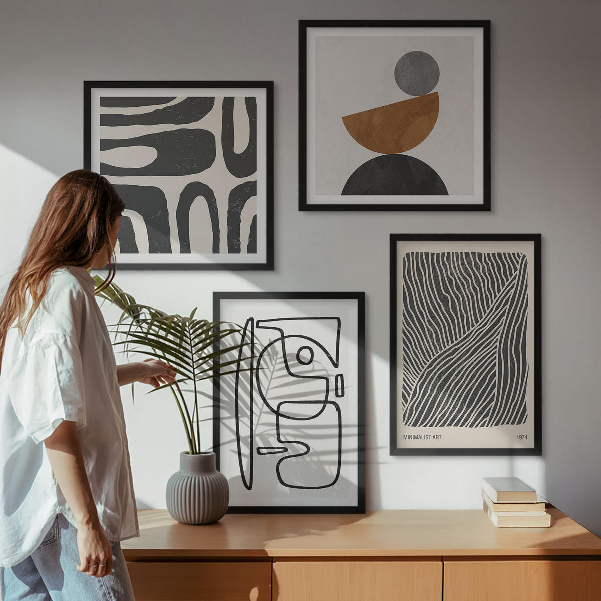 WANDBILDER 4er-Set - 50x50 cm & 40x60 cm Schwarzer Rahmen - Abstrakte Muster mit Linien - Schwarz, Kunststoff (50/50cm) - ArtPrintCave