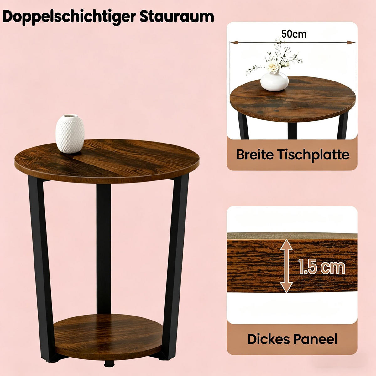 BEISTELLTISCH DE-37223 rund mit 2 Regalen Rustikales Braun - Dunkelbraun, Metall (50/50/53cm) - ComfortXL
