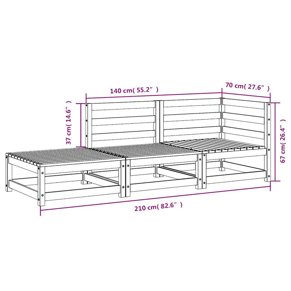GARTENSOFA Mit Fusshocker 2-Sitzer Massivholz Kiefer - Braun, Holz (70/67/210cm) - vidaXL