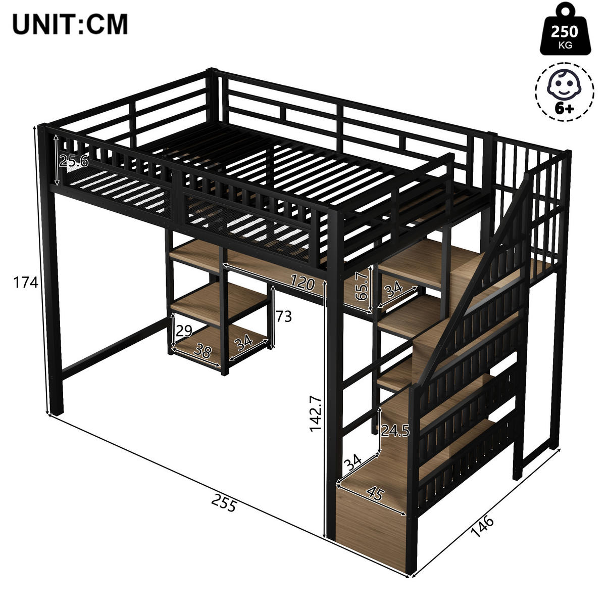 HOCHBETT 140/200 cm aus Metall mit Schreibtisch, Stauraumleiter und LED-Lichtleiste Schwarz - Schwarz, Metall (140/200cm) - Modenvie