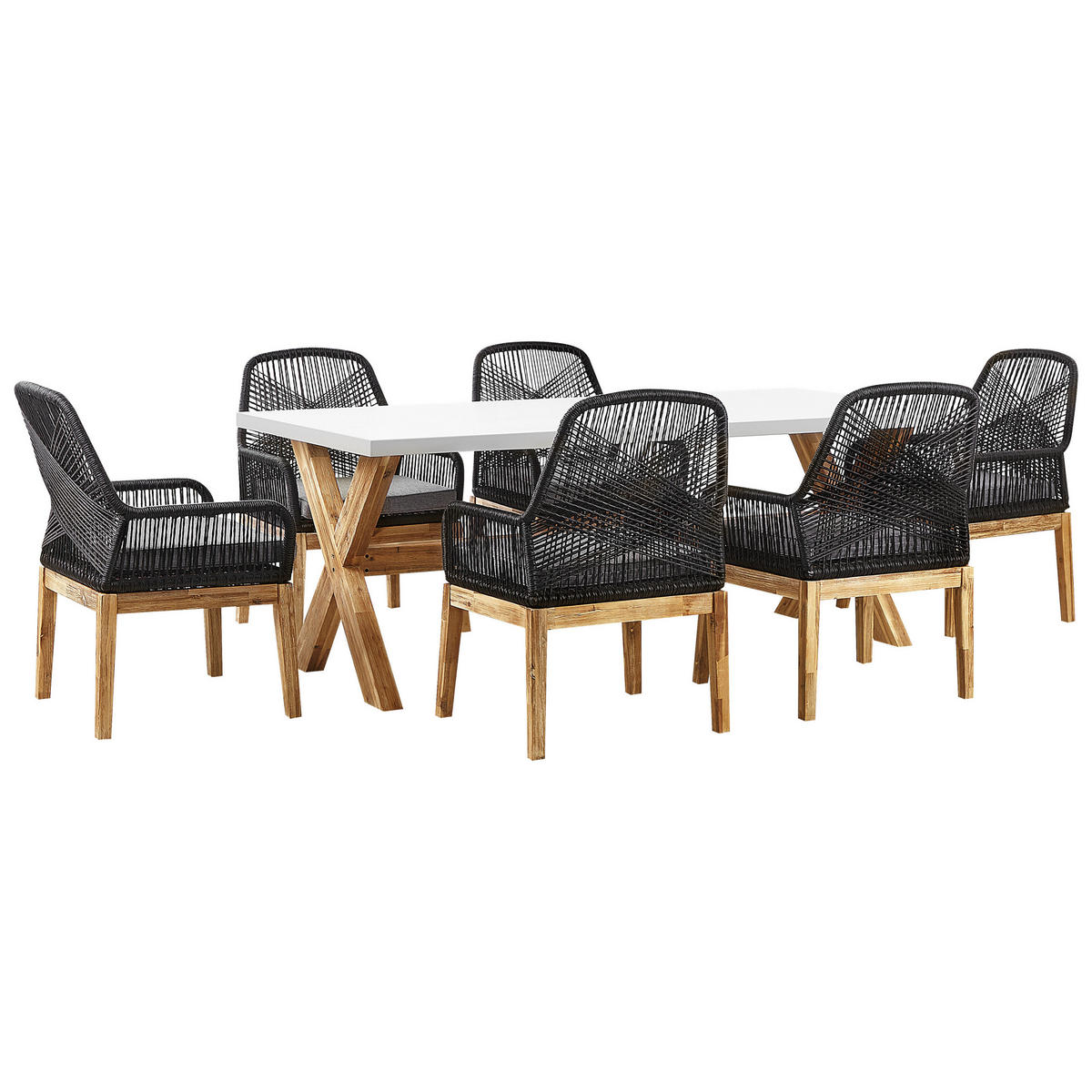 GARTENMÖBEL SET 6-Sitzer Faserzement 200/100 cm weiß/schwarz Olbia - Hellbraun/Schwarz, Stein - Beliani