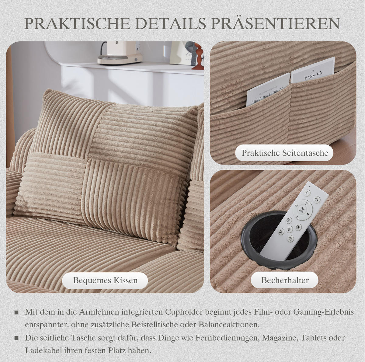 MODULARES 2-Sitzer Cordsofa mit 2 Hockern Getränkehalter und Seitentasche 200/174/80 cm Sandfarben - Sandfarben, Textil (174/80/200cm) - Redom