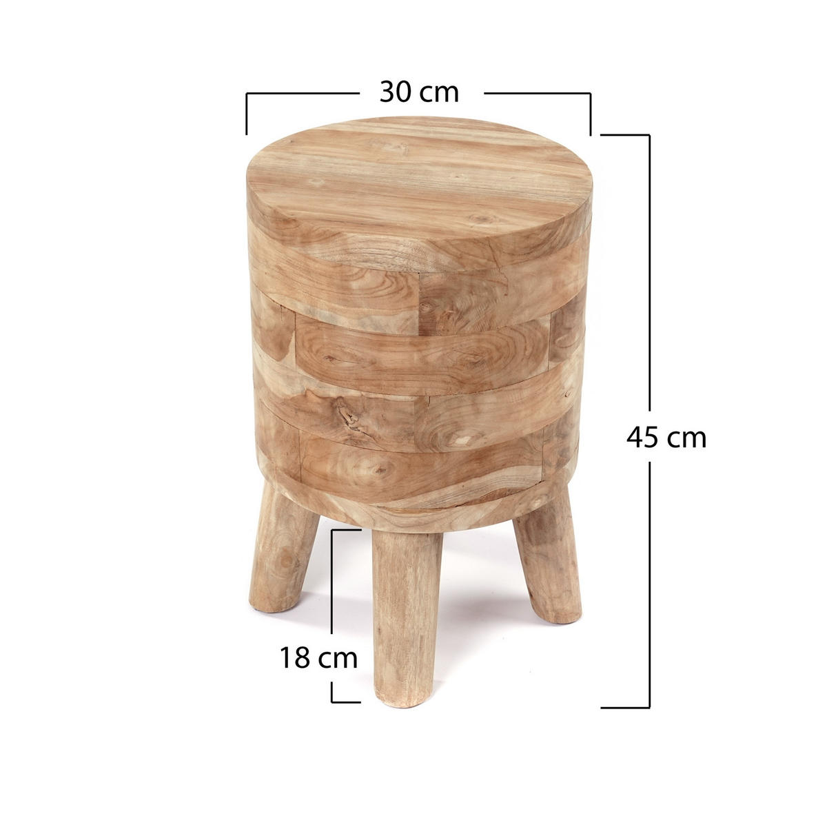 HOCKER Novi Teak Massivholz, rund naturfarben - Naturfarben, Holz (30/45/30cm) - CREEDWOOD