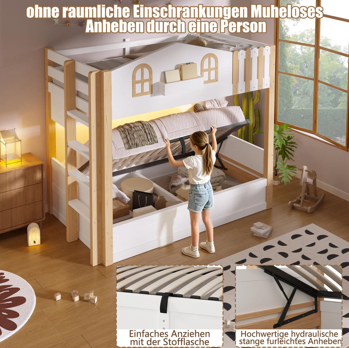 ETAGENBETT 90x200 cm im Hausdesign in Weiß/Natur mit LED-Beleuchtung und Stauraum - Weiß, Holzwerkstoff (90/200cm) - IVMEU