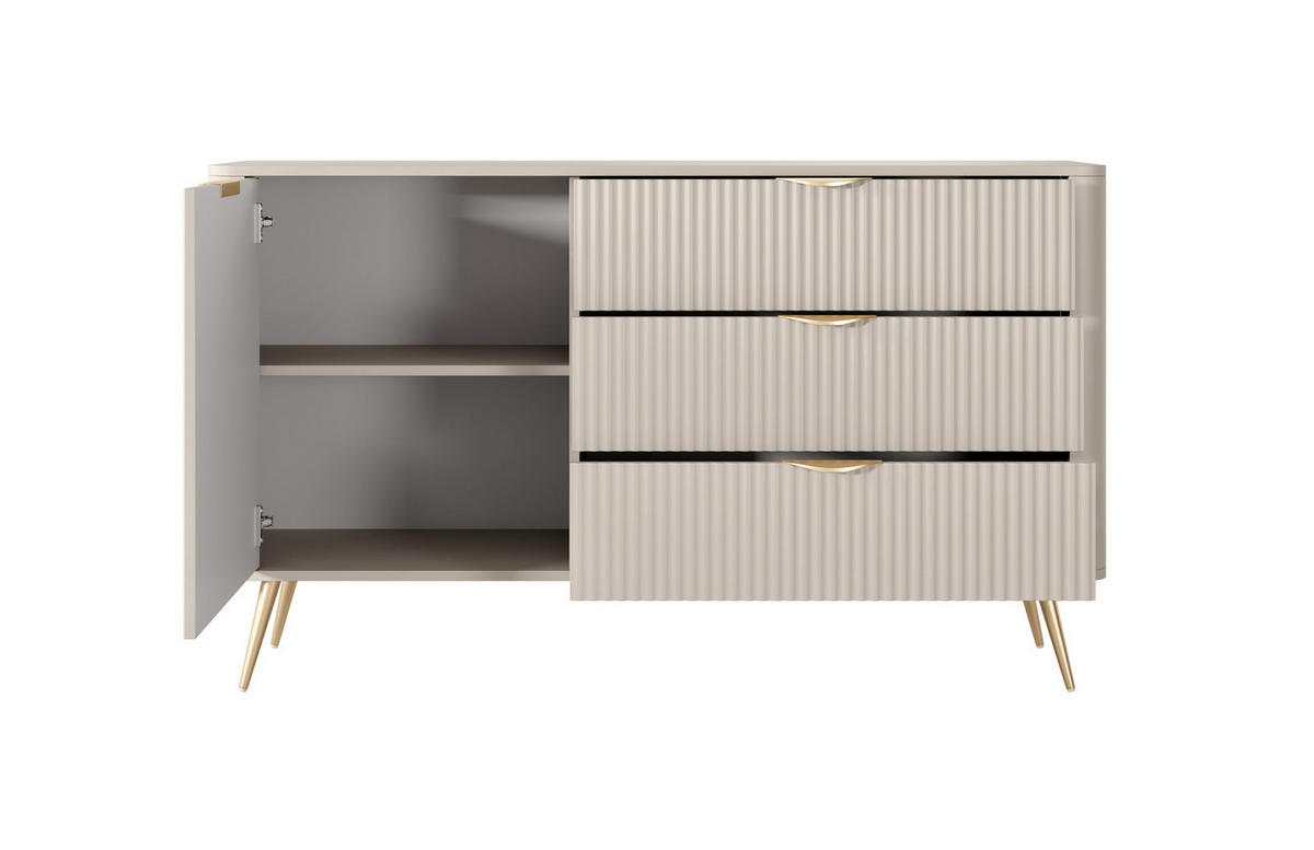SIDEBOARD Flore 138 cm Beige / Gold - mit 3 Schubladen und 1 Tür - Riffel-Optik - Beige/Gelb, Holz/Holzwerkstoff (138/81/38cm) - Ravio