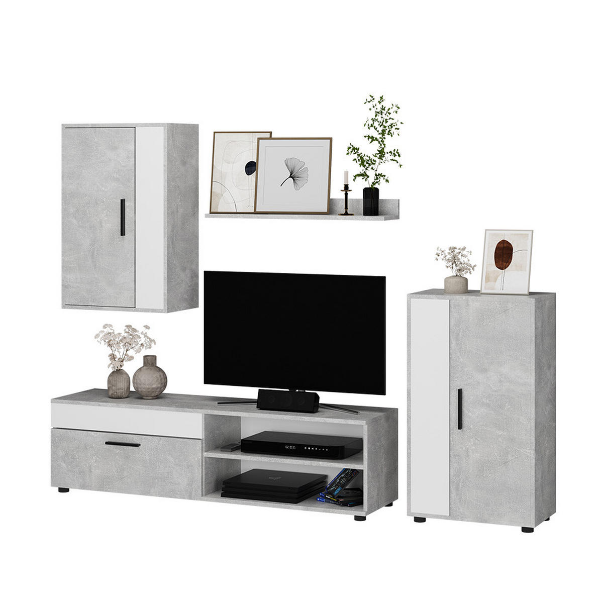WOHNWAND Berno Beton 4er Set - Weiß/Grau, Holzwerkstoff (140/38.7/35.2cm) - Vicco