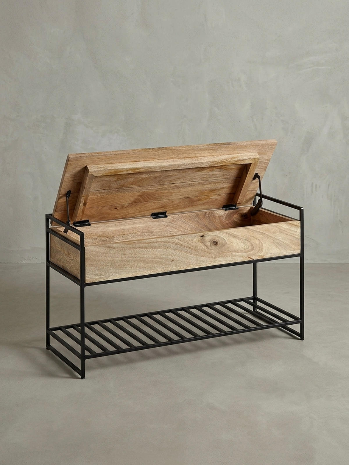 FLURBANK Holz Metall Sitzfläche hochklappbar, Beige 90x38x52 cm - Beige/Schwarz, Holz/Metall (90/52/38cm) - KADIMA DESIGN