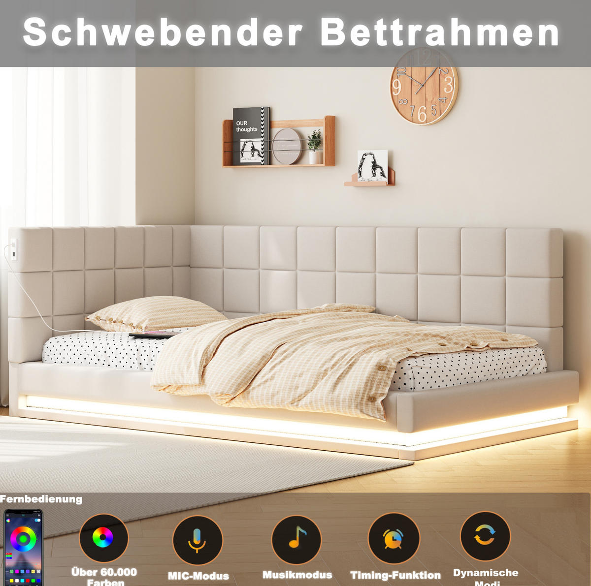 POLSTERBETT 90/200 cm Beige aus Leinen mit LED-Lichtleiste und USB-Steckdose - Beige, Textil (90/200cm) - OKMYHOME